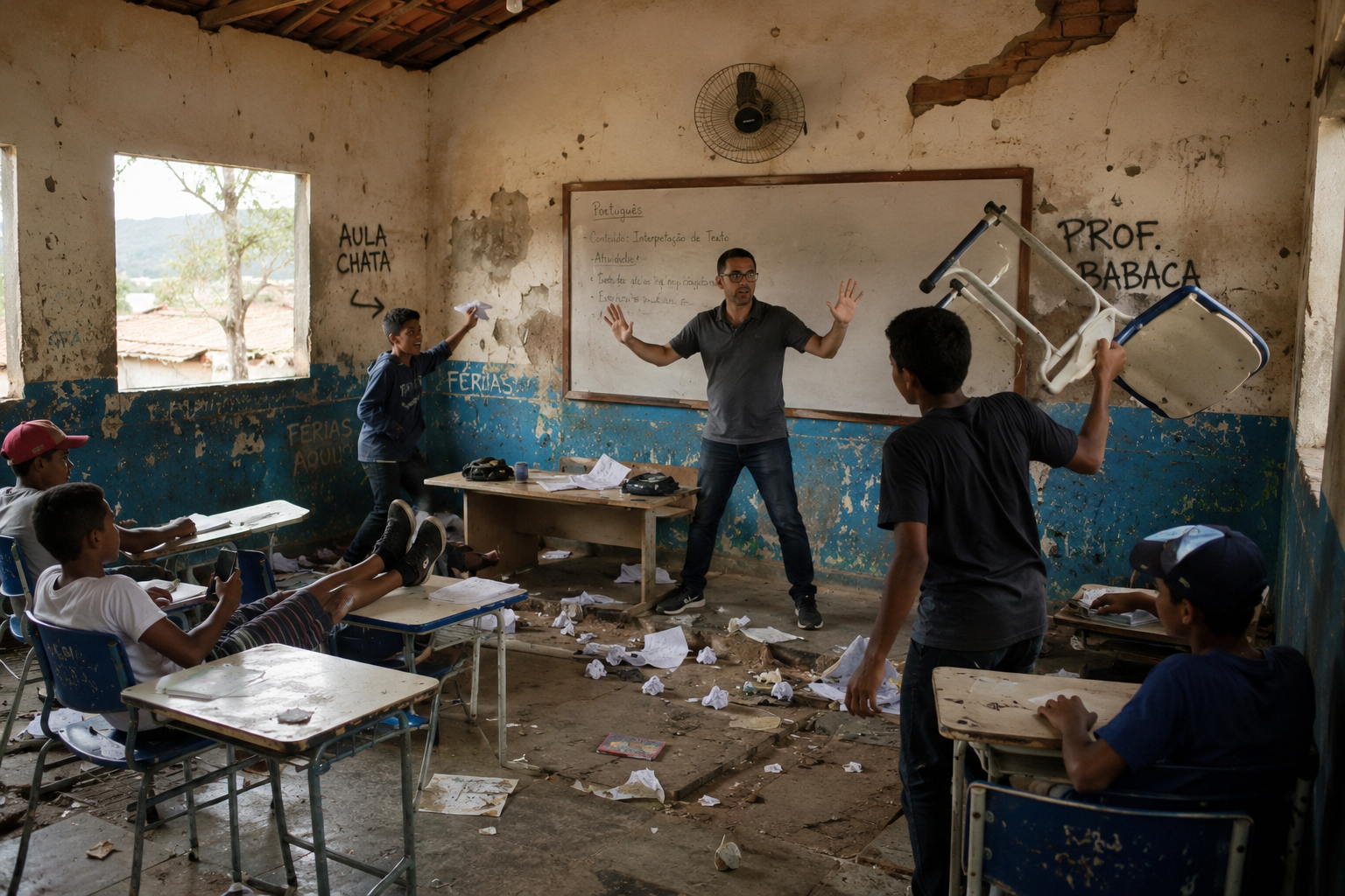 Sala de aula deteriorada, retrato do trauma gerado pelo modelo educacional