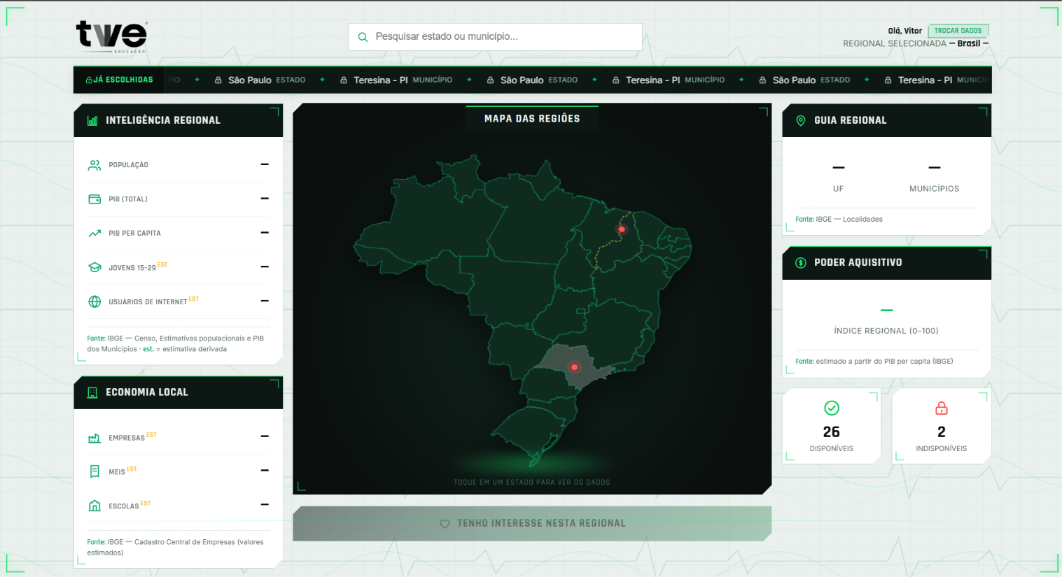 Plataforma de inteligência regional da TWE com o mapa do Brasil