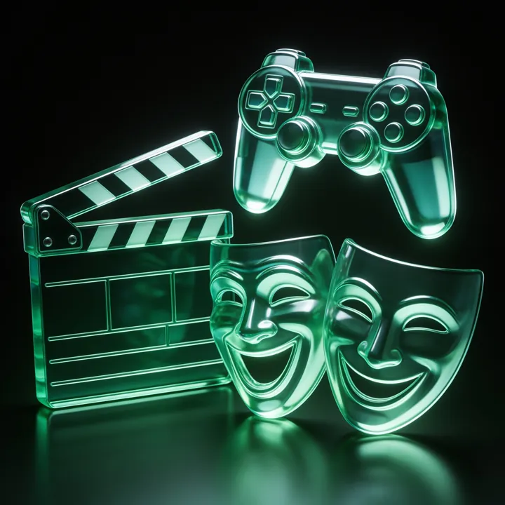 Claquete, controle de videogame e máscaras de teatro em vidro verde
