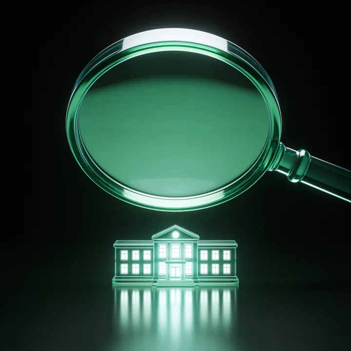 Lupa de vidro sobre uma pequena escola iluminada