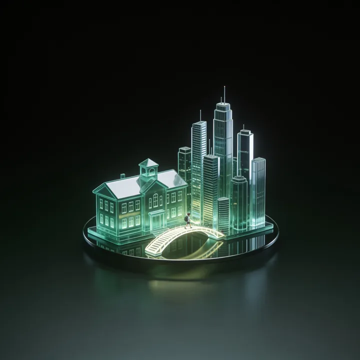 Maquete de vidro com uma escola e prédios da cidade ligados por uma ponte de luz, com um estudante atravessando