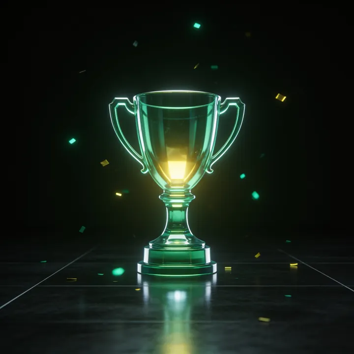 Troféu de vidro verde com luz dourada e confete