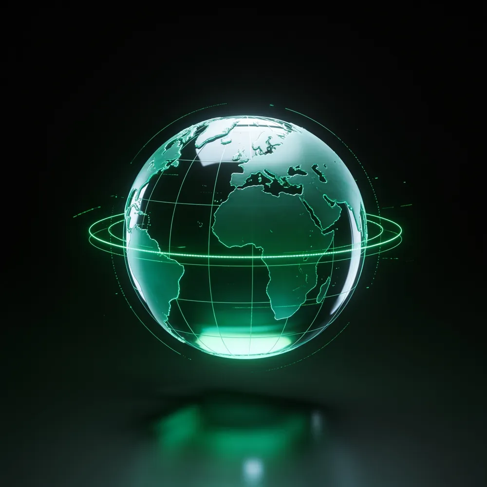 Globo terrestre de vidro verde com linhas de dados ao redor