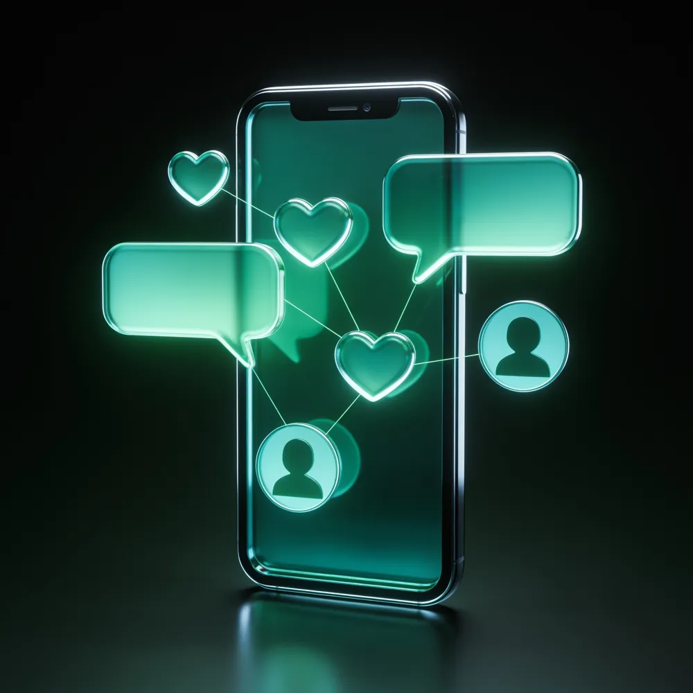 Celular de vidro verde com balões de conversa, corações e perfis conectados
