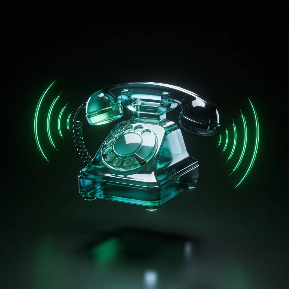 Telefone antigo esculpido em vidro verde, com ondas de som