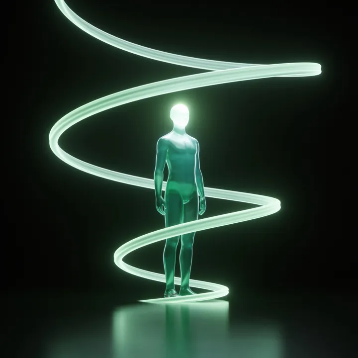 Figura humana de vidro dentro de uma espiral de luz