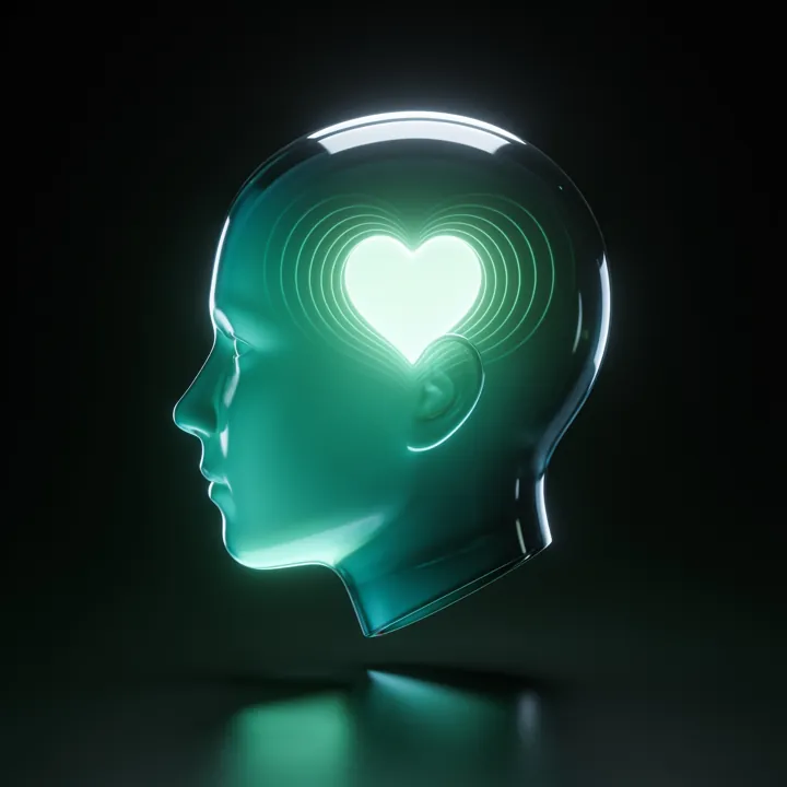 Cabeça de vidro verde com um coração iluminado dentro