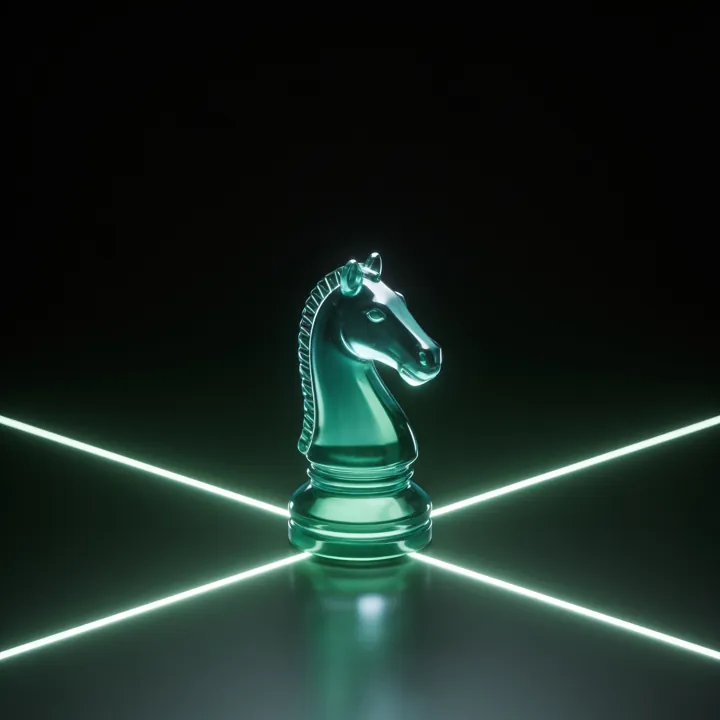 Cavalo de xadrez de vidro numa encruzilhada de luz