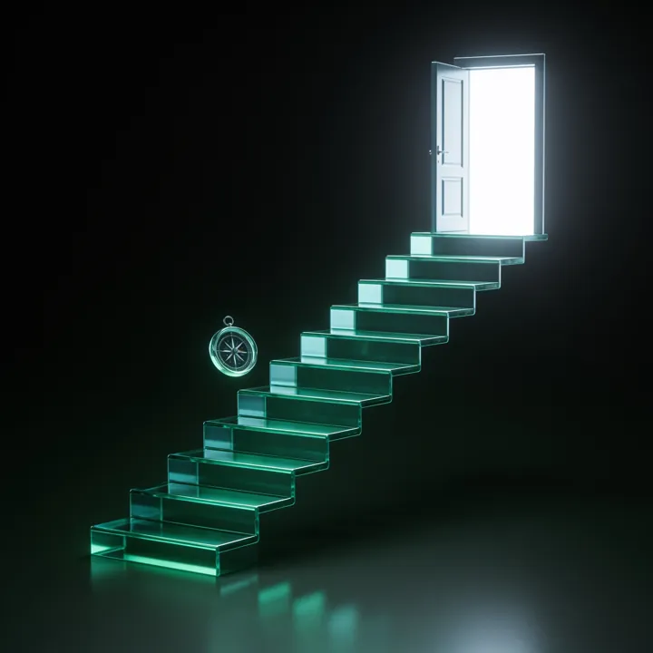 Escada de vidro subindo até uma porta iluminada