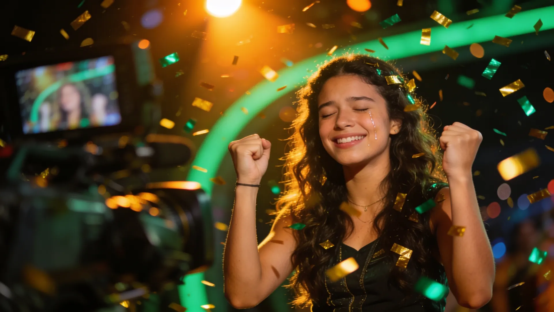 Jovem comemorando a vitória no palco do reality, entre confetes