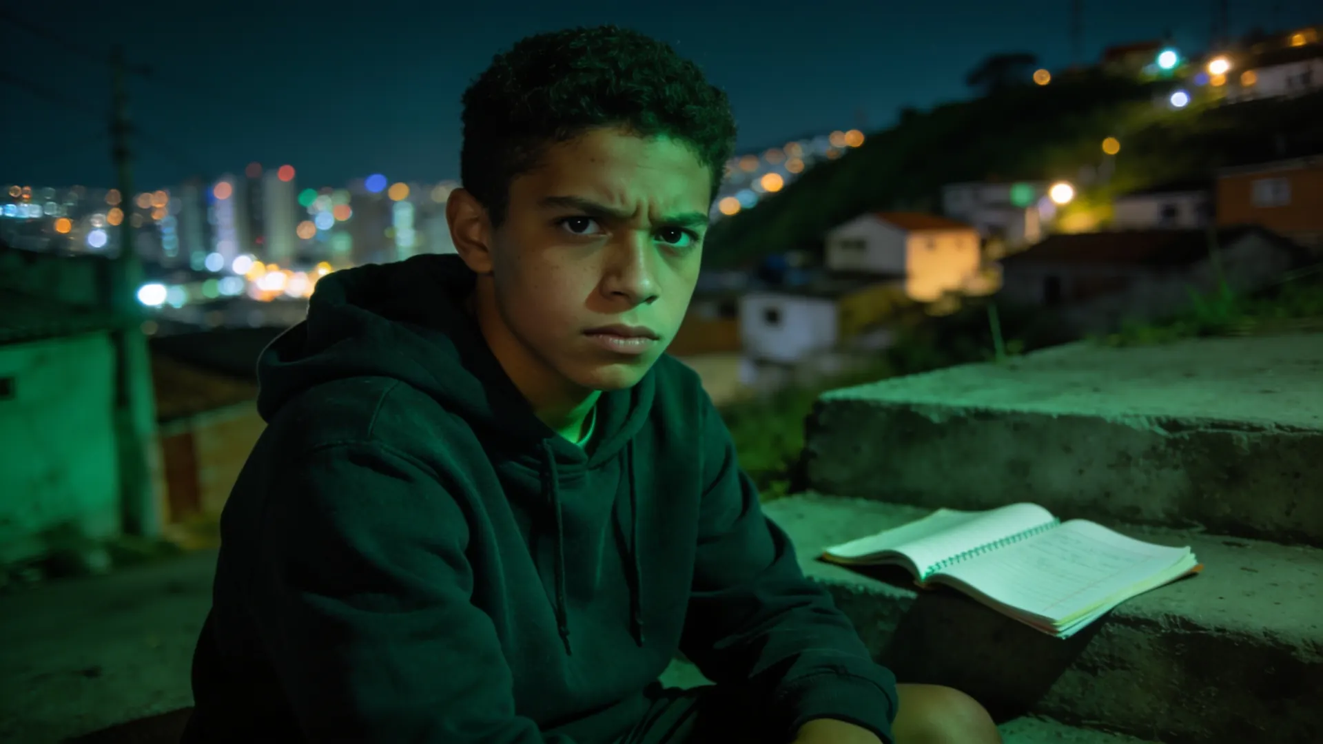 Jovem sentado em uma escadaria da periferia à noite, com o caderno largado ao lado